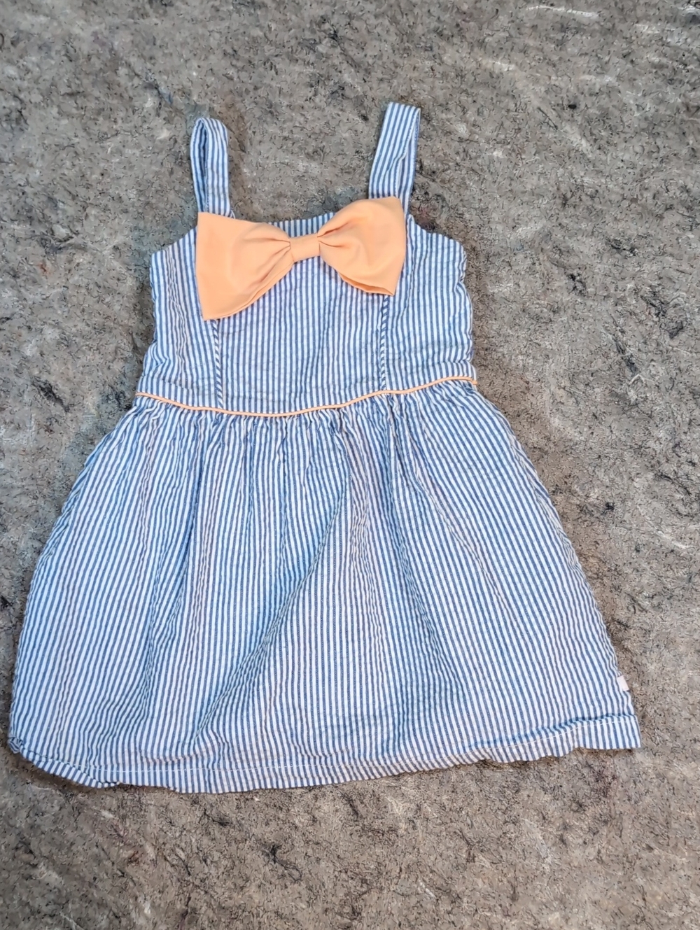 Ruffle Butts Blue and White Striped Dress with Peach Bow Size 3T